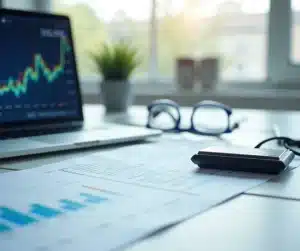 Scrivania di uno studio commercialista con laptop, documenti e hardware wallet, a illustrare la DAC 8 sulle cripto-attività
